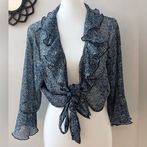 Y2K Geometric Sheer Boho Chic Blue Ruffle Tie-Front Crop Cardigan Blouse